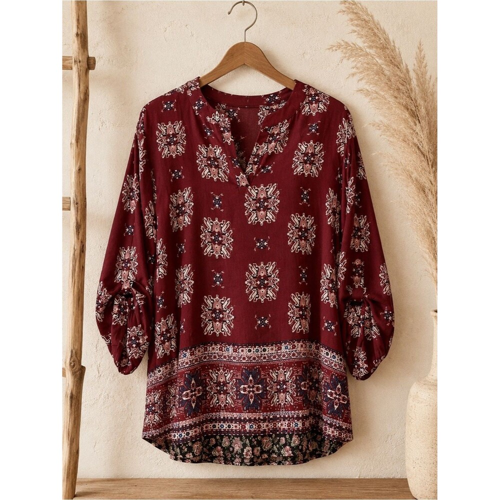 Pink Republic Three-Quarter Sleeve Medallion Mixed Print Multicolor Size S Top